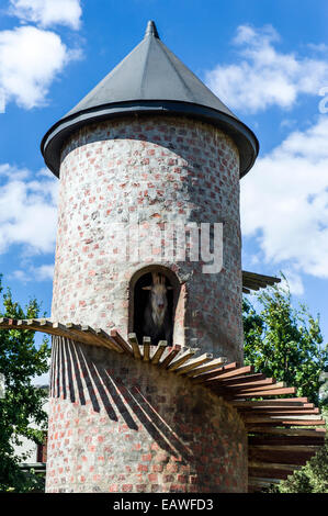 Una capra domestica coetanei attraverso la porta del suo castello torretta home. Foto Stock