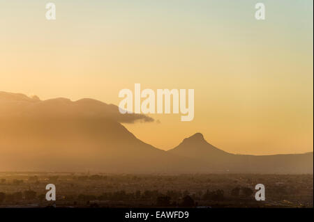 La Table Mountain e la testa di leone si elevano al di sopra dei terreni agricoli al tramonto. Foto Stock