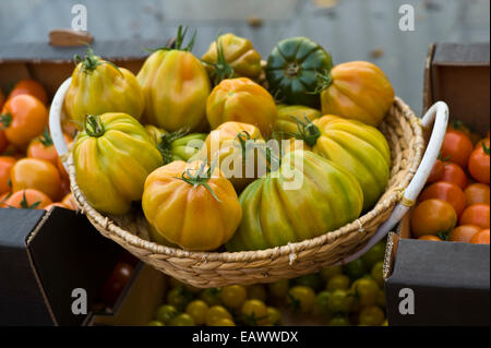 Clyde Valley pomodori per la vendita in stallo a Edimburgo il mercato degli agricoltori nel centro della città di Edimburgo Regno Unito Scozia Foto Stock