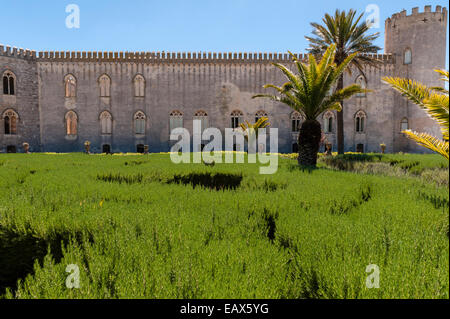 Sotto le mura del castello quattrocentesco di Donnafugata, vicino Ragusa, Sicilia, Italia, crescono dei fogli di rosmarino Foto Stock