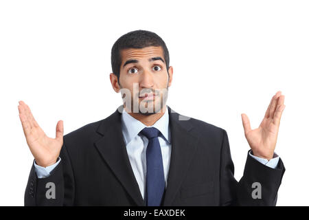 Arab business man con un dubbio gesti isolati su sfondo bianco Foto Stock
