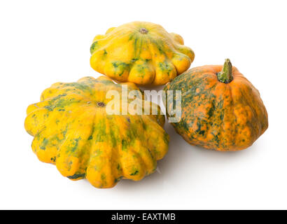 Tre zucche arancione isolato su uno sfondo bianco Foto Stock