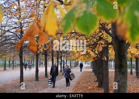 Parigi, Francia. Paio di shopping natalizio con piena sacchetti pesanti passando attraverso il giardino delle Tuileries in autunno/ novembre. Foto Stock