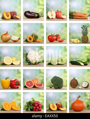 Set di frutta e verdura come apple, arancio, limone e pomodoro Foto Stock