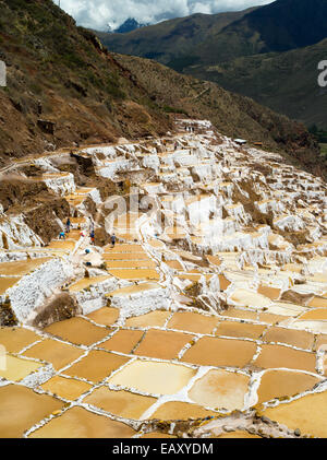 Alta vista angolare di Salinas de maras (maras saline), vicino a Cusco, Perù, con il monte veronica in background. Foto Stock