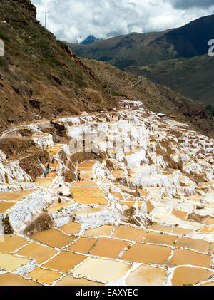 Alta vista angolare di Salinas de maras (maras saline), vicino a Cusco, Perù, con il monte veronica in background. Foto Stock