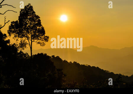 Luce dorata del tramonto sulla catena montuosa da Panoen Thung punto panoramico a Kaeng Krachan National Park Phetchaburi provincia in Foto Stock