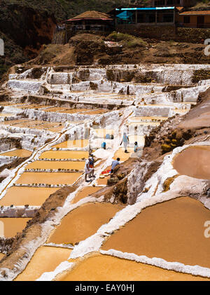 Alta vista angolare di Salinas de maras (maras saline), vicino a Cusco, Perù. Foto Stock