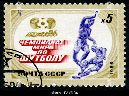 Unione Sovietica - circa 1986: un timbro postale stampato URSS, calcio, coppa del mondo 1986 Messico Soccer, circa 1986 Foto Stock