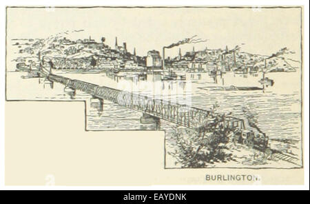 Questa mappa del 1891 di Burlington, Iowa, mostra il layout della città durante la fine del XIX secolo. L'illustrazione include i monumenti e le strade principali, fornendo un'istantanea dello sviluppo della città. Foto Stock