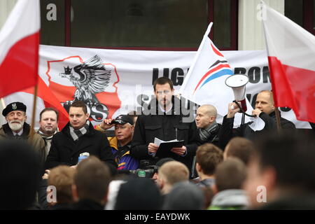 Gdansk, Polonia 22nd, Novembre 2014 di estrema destra "Movimento Nazionale l' organizzazione di attivisti protesta al di fuori del voivodato di Pomerania creazione. I manifestanti hanno inscenato la protesta sotto lo slogan "top manipolazione elettorale,' impegnativo il licenziamento immediato di tutti i membri di PKW (Commissione nazionale elettorale) e la ripetizione delle elezioni locali. Credito: Michal Fludra/Alamy Live News Foto Stock