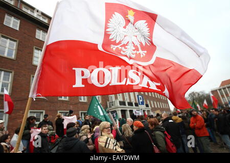 Gdansk, Polonia 22nd, Novembre 2014 di estrema destra "Movimento Nazionale l' organizzazione di attivisti protesta al di fuori del voivodato di Pomerania creazione. I manifestanti hanno inscenato la protesta sotto lo slogan "top manipolazione elettorale,' impegnativo il licenziamento immediato di tutti i membri di PKW (Commissione nazionale elettorale) e la ripetizione delle elezioni locali. Credito: Michal Fludra/Alamy Live News Foto Stock