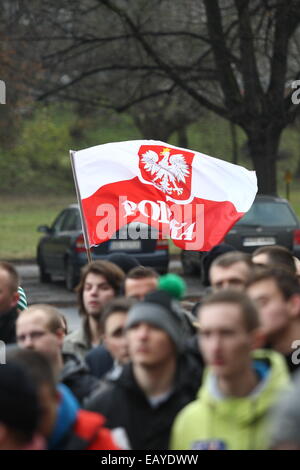 Gdansk, Polonia 22nd, Novembre 2014 di estrema destra "Movimento Nazionale l' organizzazione di attivisti protesta al di fuori del voivodato di Pomerania creazione. I manifestanti hanno inscenato la protesta sotto lo slogan "top manipolazione elettorale,' impegnativo il licenziamento immediato di tutti i membri di PKW (Commissione nazionale elettorale) e la ripetizione delle elezioni locali. Credito: Michal Fludra/Alamy Live News Foto Stock