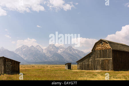 Fienili abbandonati delle prime comunità mormone insieme contro il Grand Tetons su una luminosa giornata di sole, Fila Mormone, Jackson, Wyoming negli Stati Uniti. Foto Stock