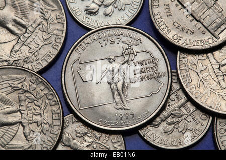 Monete di Stati Uniti d'America. Statua del Commonwealth in Harrisburg, Pennsylvania, raffigurato su di noi Pennsylvania trimestre (1999). Foto Stock