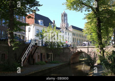 Nieuwegracht, un albero-canal ombreggiata con vecchie banchine abbassata nel medioevo interna della città di Utrecht, Paesi Bassi Foto Stock