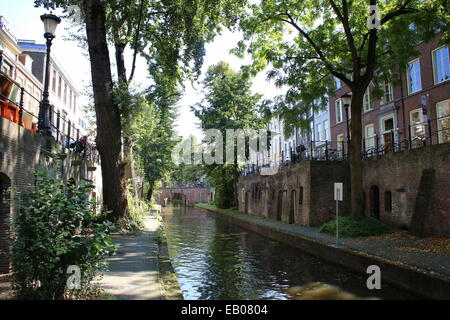 Nieuwegracht, un albero-canal ombreggiata con vecchie banchine abbassata nel medioevo interna della città di Utrecht, Paesi Bassi Foto Stock