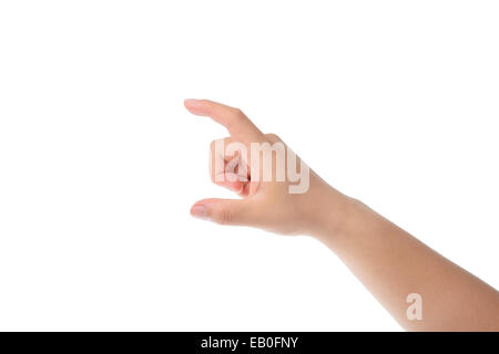 Uomo asiatico la mano che regge qualcosa, isolato su bianco Foto Stock