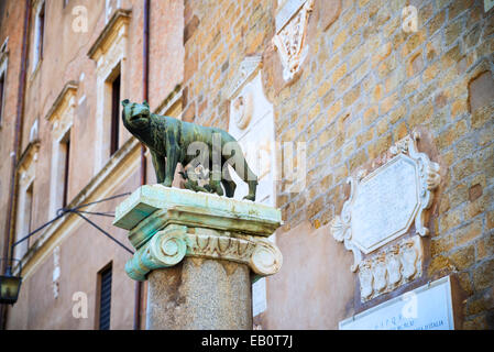 Bronzo etrusca Lupa con Romolo e Remo statua in Roma, Italia. Foto Stock