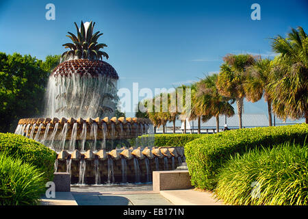 Basso Angolo di visione di un ananas; Shaped Fontana, Waterfront Park, Charleston, Carolina del Sud Foto Stock