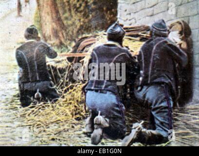 Un tedesco contemporaneo propaganda colorizzato foto mostra un belga blocco stradale nel 1914. Foto: Neumann Archivio - NESSUN SERVIZIO DI FILO Foto Stock