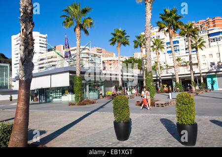 Palme gettano ombre nel nuovo sviluppo porta Muelle Onu in Malaga, Spagna Foto Stock