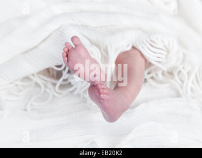 Piedi del bambino di un neonato guarda nella parte anteriore di una coltre bianca Foto Stock