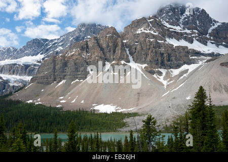 Il Lago Peyto in Alberta (Canada) circondato da boschi si trova sotto le torreggianti montagne innevate. Foto Stock