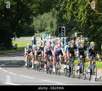 Il Peloton del tour della Gran Bretagna Cycle Race entra nella periferia di una città in West Sussex Foto Stock