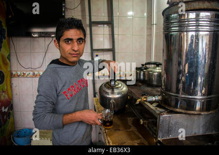 Ragazzo la vendita di tè, Erbil Arbil Provincia, Kurdistan iracheno, Iraq Foto Stock