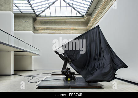 Dresden, Germania. 25 Nov, 2014. Due robot industriali gigante onda bandiere nere nella mostra 'William Forsythe Bandiere nere' nel cubo bianco alla Kunsthalle di Lipsiusbau a Dresda, Germania, 25 novembre 2014. La mostra nella Galleria dei Nuovi Maestri si svolge in collaborazione con la American Danzatrice, coreografa e artista Forsythe e 'l'Forsythe Company." è sul display dal 27 Novembre 2014 fino al 11 gennaio 2015. Credito: dpa picture alliance/Alamy Live News Foto Stock