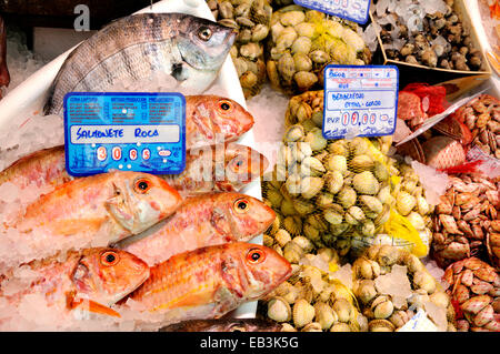 Madrid, Spagna. Il Mercado de San Miguel (coperto Ferro battuto mercato - 1916) pesce (triglia di scoglio o triglia di fango) e dei molluschi e crostacei in vendita Foto Stock