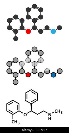 Atomoxetine attenzione ed iperattività (ADHD) molecola di farmaco. Tradizionale formula scheletrico e stilizzate rappresentanouna Foto Stock