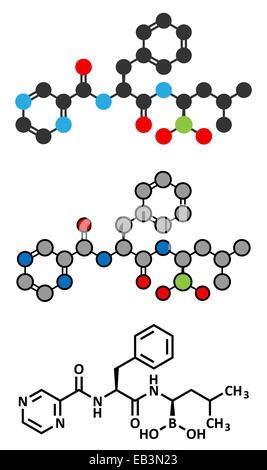 Bortezomib cancro farmaco (inibitore di proteasoma molecola). Tradizionale formula scheletrico e stilizzate rappresentazioni. Foto Stock