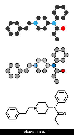 Il fentanil (fentanil) analgesico oppioide molecola di farmaco. Tradizionale formula scheletrico e stilizzate rappresentazioni. Foto Stock