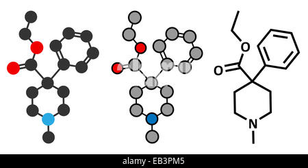 Petidina analgesico oppioide molecola di farmaco. Tradizionale formula scheletrico e stilizzate rappresentazioni. Foto Stock