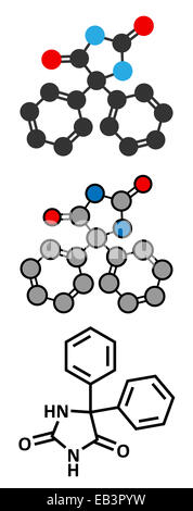 La fenitoina epilessia molecola di farmaco. Tradizionale formula scheletrico e stilizzate rappresentazioni. Foto Stock