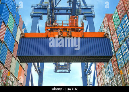 A Riva il caricamento con gru contenitori in nave da trasporto merci Foto Stock