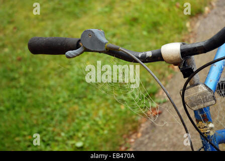 Vista ingrandita delle stringhe di una ragnatela sul manubrio di bicicletta Foto Stock