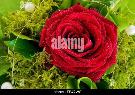 Single rose con verdi e deco perle in un bouquet di fiori. Foto Stock