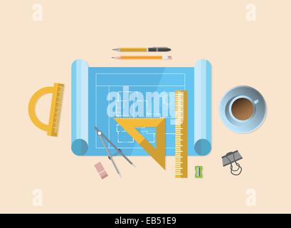 Blueprint con vari strumenti di architettura Illustrazione Vettoriale