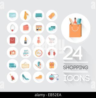 Shopping e icone di retail su grigio Illustrazione Vettoriale