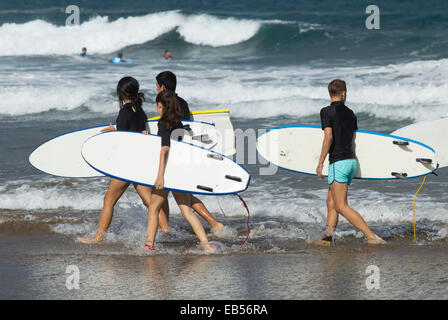 Una delle molte scuole di surf a La Cicer sulla spiaggia cittadina, Playa de Las Canteras, a Las Palmas di Gran Canaria Isole Canarie Spagna Foto Stock