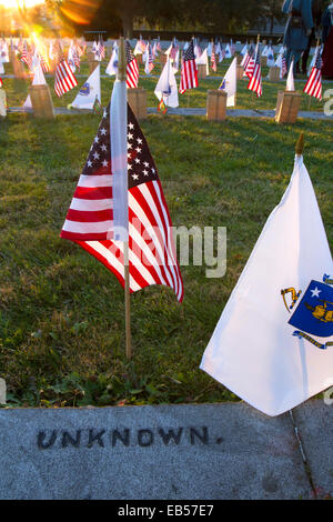 Gettysburg, PA, Stati Uniti d'America - 15 Novembre 2014 : Sun inzuppando bandiere poste per la XII luminare annuale cerimonia al cimitero di soldati Foto Stock