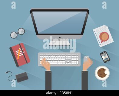 Uomo al lavoro su computer presso la scrivania di colore blu Illustrazione Vettoriale