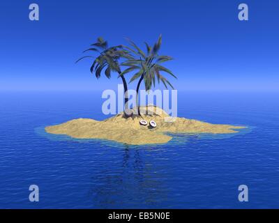 Bellissima Isola con palme e noci di cocco nel centro di ocean blue giorno Foto Stock