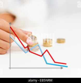 Stretta di mano femminile con le monete in euro e il grafico Foto Stock