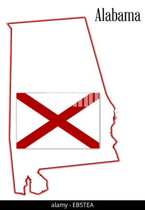 Mappa di stato profilo di Alabama su uno sfondo bianco con flag di stato inset Foto Stock