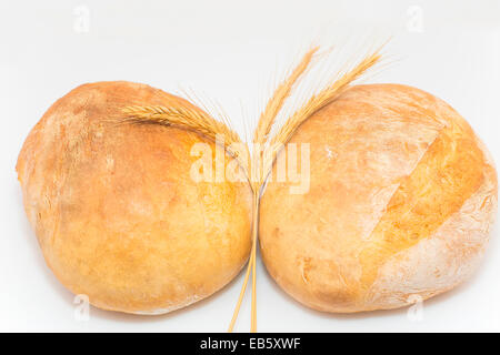 Spighe di grano duro su uno sfondo ucraino pagnotte di pane di Foto Stock