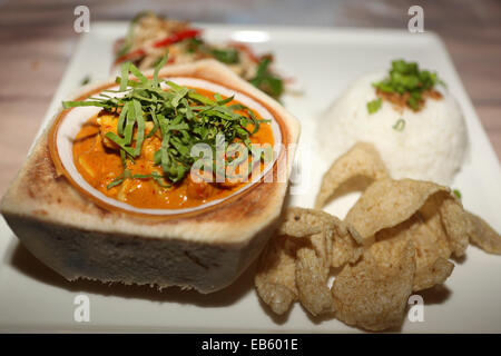 Pollo al curry perchik servito con riso al vapore e cracker ai gamberi. Il tradizionale piatto malese è servita presso la Danna hotel o Foto Stock